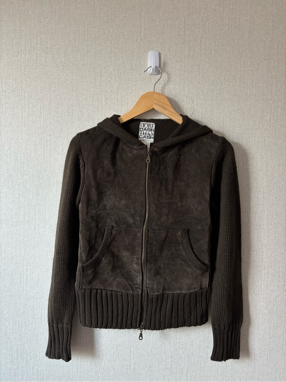 Suede & Knit Hooded Zip Jacket in Dark Brown by, 100% leather